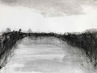 Monoprint van een landschap met water.